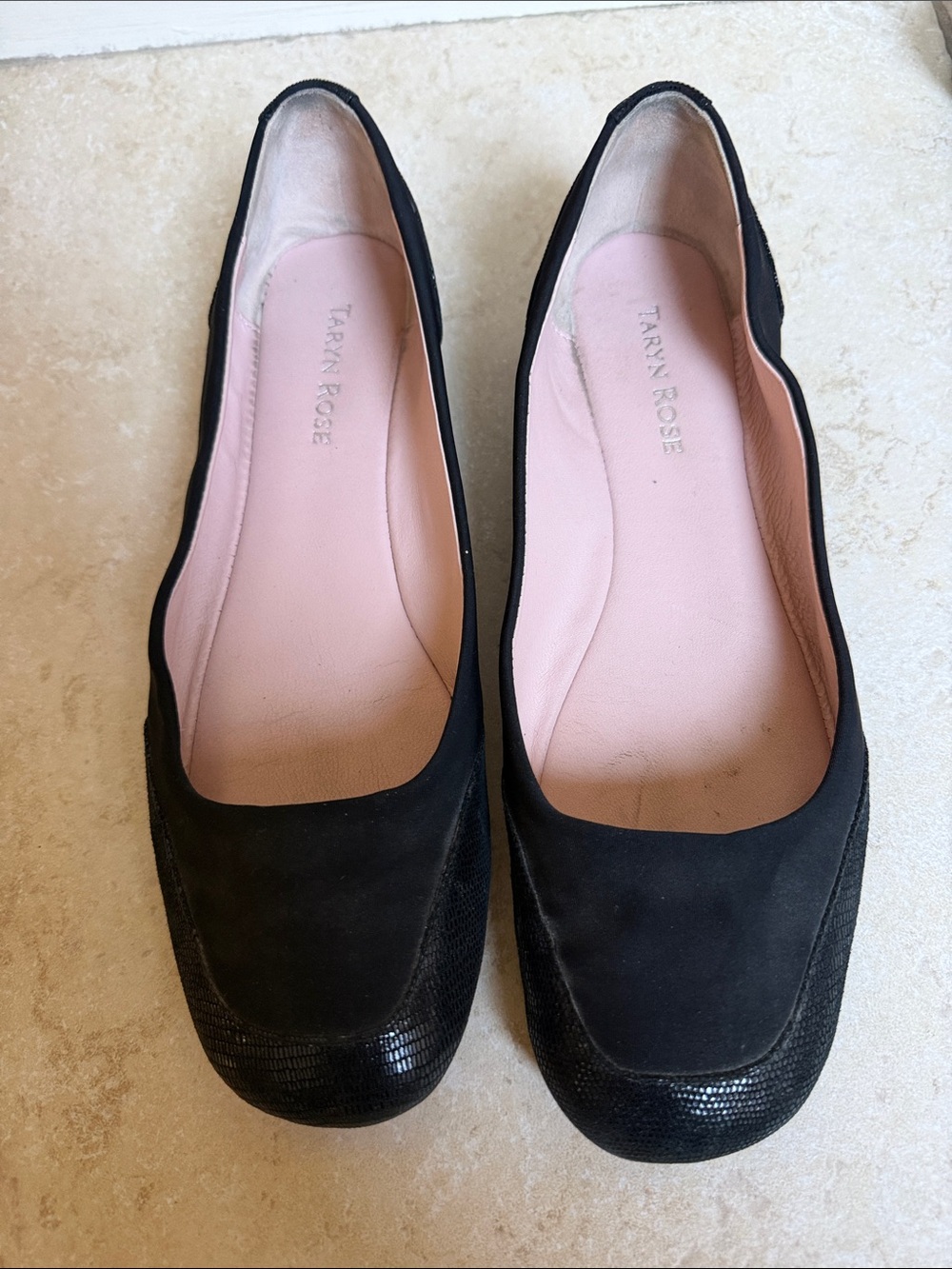 Taryn Rose Black Ballet Flats with Pink Insole